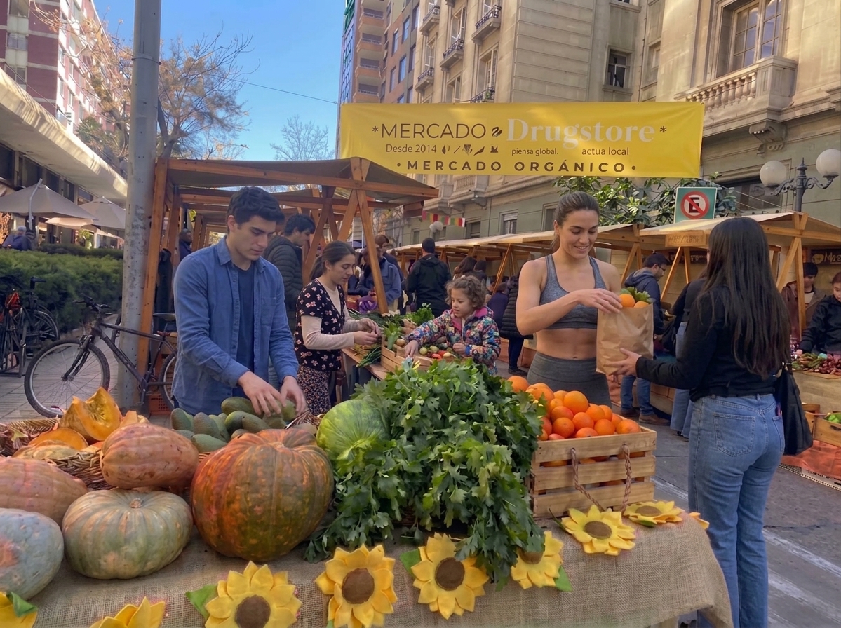 Mercado al aire libre con verduras, huevos y quesos; personas y una familia comprando productos orgánicos.