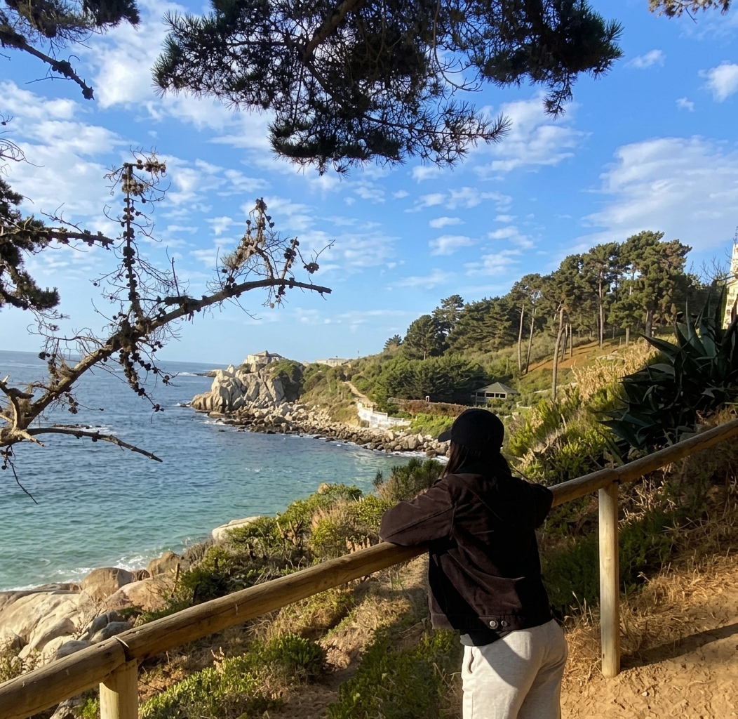 Mujer de espaldas, apoyada en una baranda de madera, mirando el mar desde un sendero costero entre pinos.